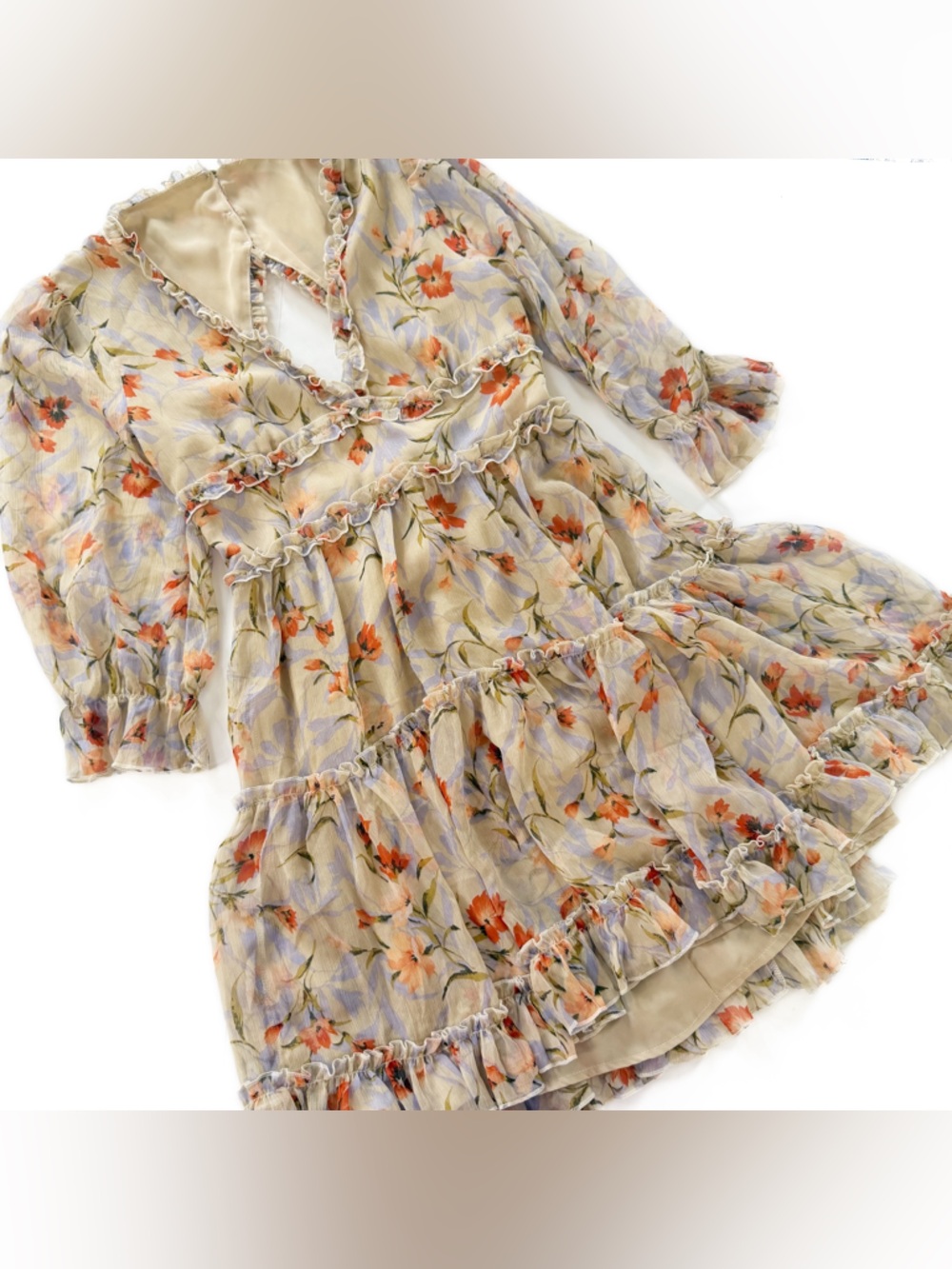 Vici Dress Womens Beige Floral Chiffon Ruffled Mini Boho Peasant - Picture 2 of 9